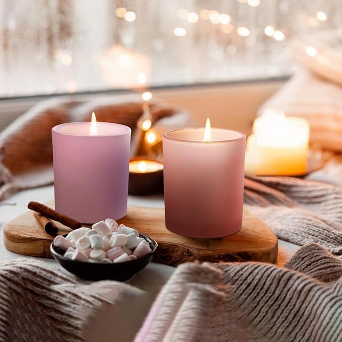 SHOWIN 14 OZ Thick Candle Jars for Making Candles 12 Pcs, 3 Wick Empty Jars with Wood Lids for Candle Making, Sample Container, Matte Pink