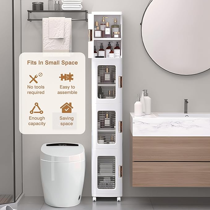VECELO 4-Tier Tall Narrow Storage Cabinet with Movable Wheels, Adjustable Shelves, Anti-Tip, Slim, for Small Space, Bathroom, Kitchen, Laundry, White