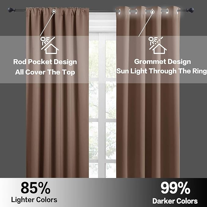 RYB HOME Short Curtains for Small Window, Energy Efficient Window Curtain Panels Room Darkening Shade Tiers Pair for Kitchen Nursery Kids Bedroom, 42 inch Width x 30 inch Length, Mocha, 2 Pcs