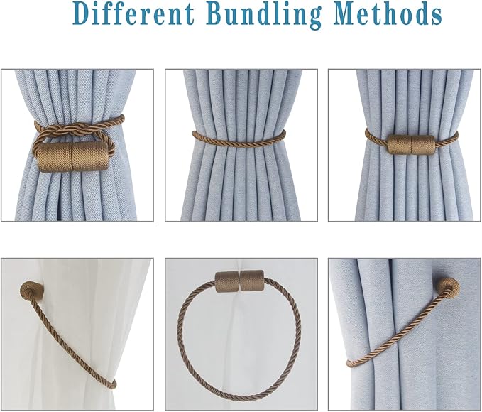 Magnetic Curtain Tiebacks 4 Pack Khaki Curtain Rope Tieback Curtain Holders for Drapes Modern Tie Backs Decorative Curtain Holdbacks