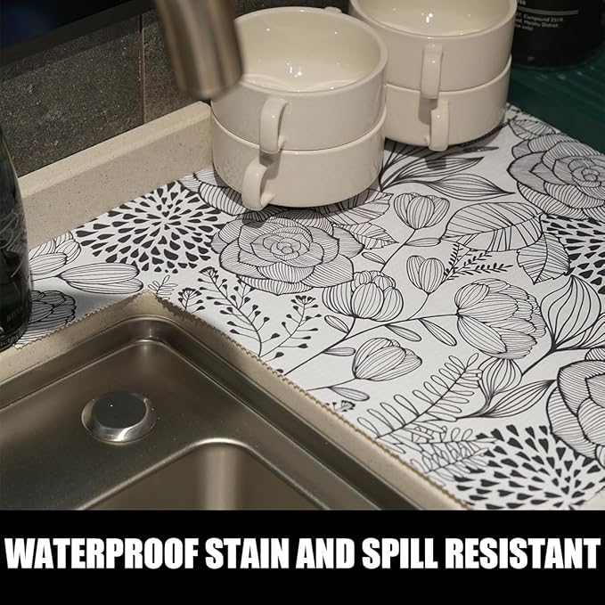 Floral Drawer and Shelf Liner for Kitchen 16IN x 10FT, Non-Adhesive and Strong Non-Slip Cabinet Drawer Liners, Waterproof Thickened Shelf Liner,Easy to Clean,Black and White