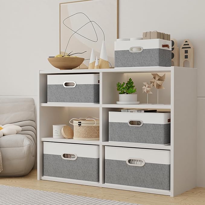 Yawinhe Foldable Storage Baskets for Shelves, Fabric Closet Organizers, Bins with 3 Handles, Cubes for Clothes, White/Grey, 15''Lx9.8''Wx8.3''H, 6-Pack