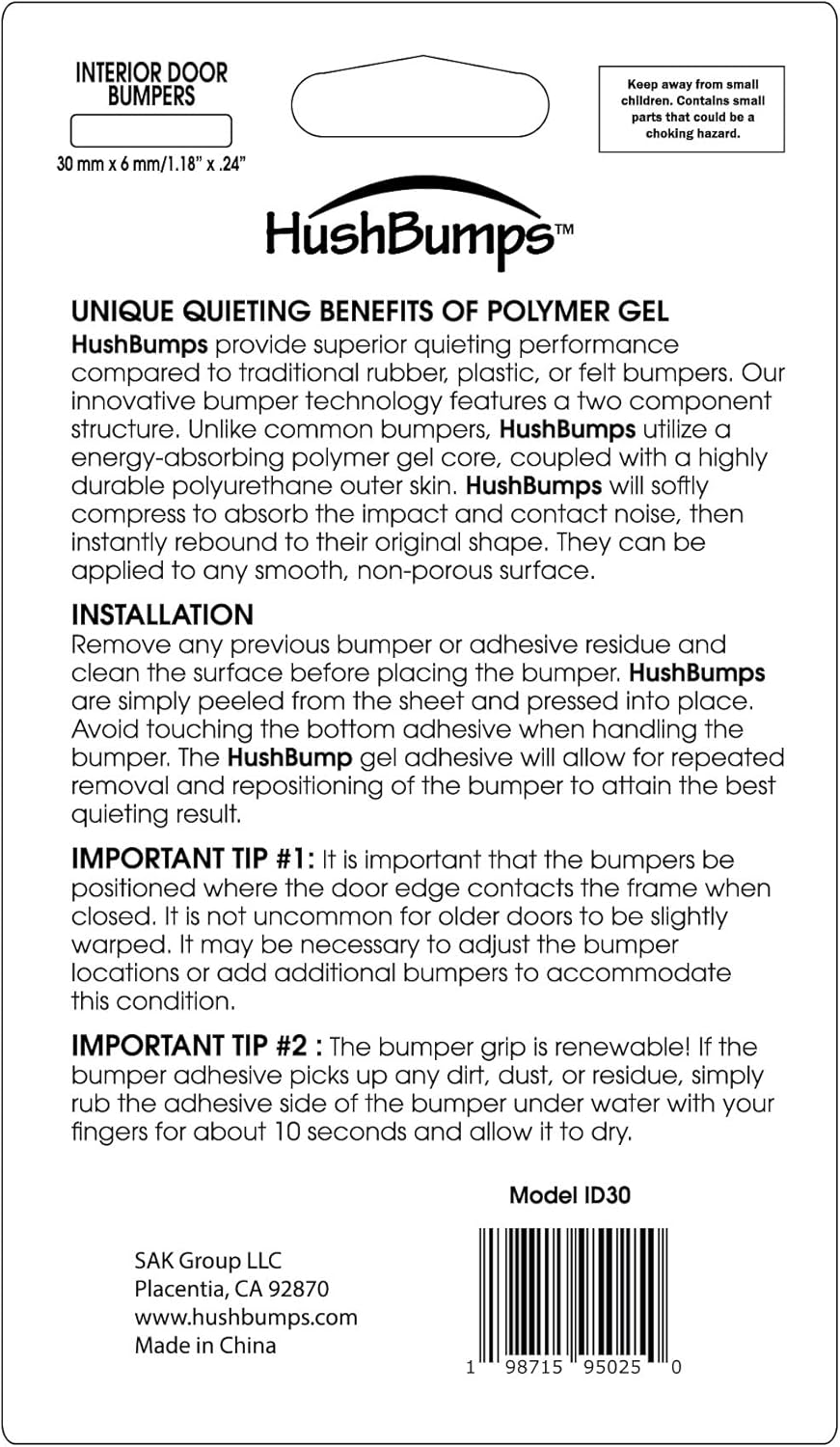 HushBumps Ultra-Quiet Bumpers for Interior Doors 3-Pack. Prevent Door Slamming and Provides Soft Close. Just Peel & Stick. No Tools Required. Silences Door Closing. 30 pcs.