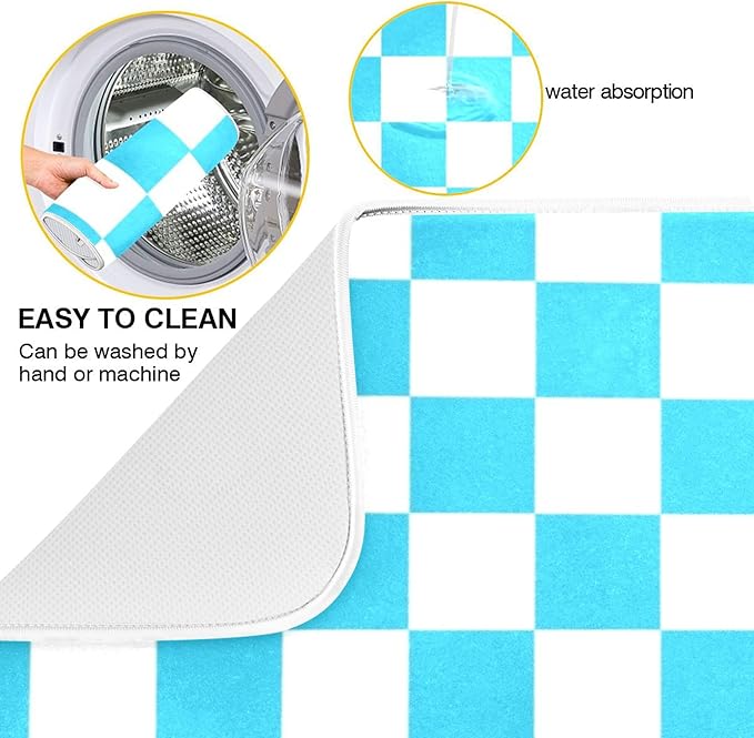 Turquoise Chessboard Dish Drying Mat for Kitchen Countertop 18x24 Teal Plaid Checkered Rectangle Large Drying Mat Reusable Quick Dry Dish Sink Absorbent Mats Easy Clean Decorative Home Essentials