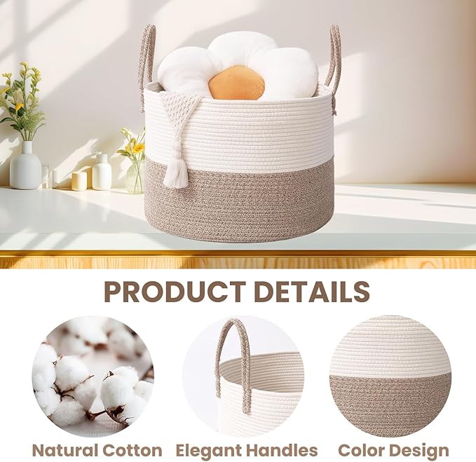 Woven Blanket Basket,115L Large Rope Storage Bin with Handles, Organizer for Blankets Toys Book and Clothes, Laundry Basket for Living Room Bedroom Nursery,White&Brown