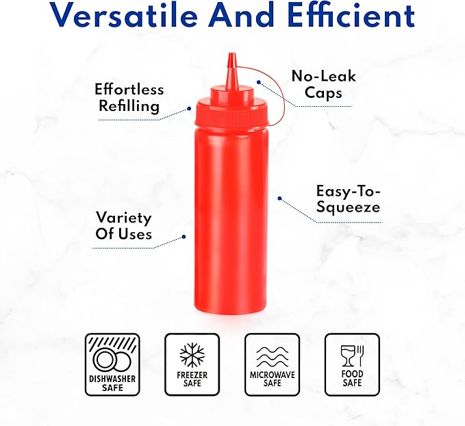 New Star Foodservice 26405 Squeeze Bottles, Plastic, Wide Mouth, 24 oz, Red, Pack of 6