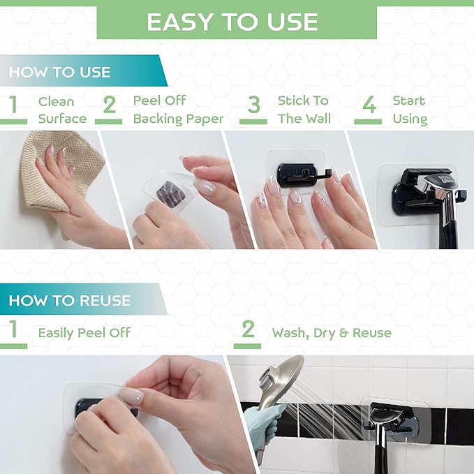 Hook LAB Self-Adhesive Shower Razor Holder, 2-Pack, Removable & Reusable Waterproof Hooks, for Towels, Bath Accessories, Kitchen & Bathroom Use - White