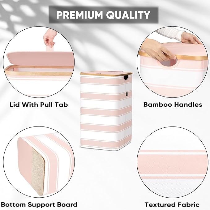 BALEINE Laundry Hamper with Lid, Tall Laundry Baskets with Bamboo Pull Handles, Large Laundry Bin with Internal Support (18 Gal/70L, Pink Stripe)