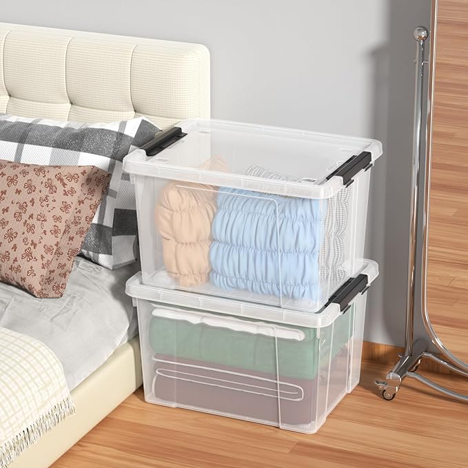 Set of 4 50 L Stackable Plastic Storage Container with Latching Lids and Wheels, Clear Home Garage Organization Bins Box, See-Through