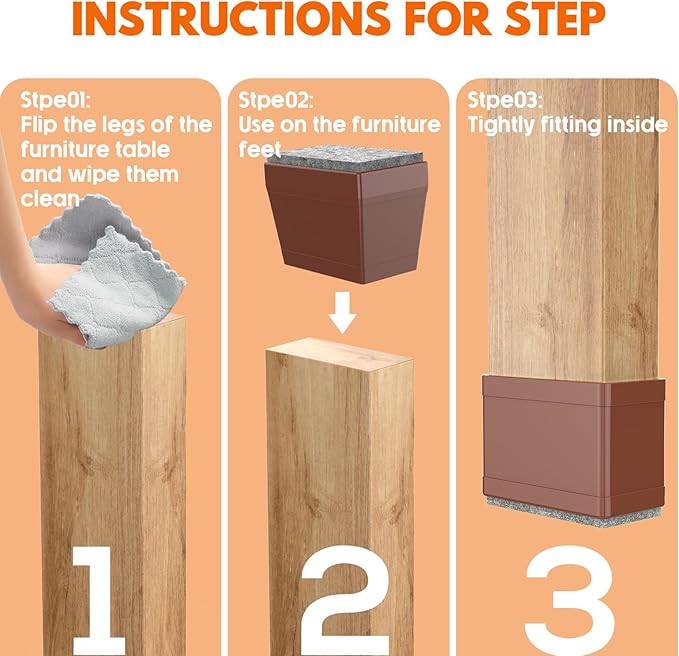 Rectangle Chair Leg Protectors for Hardwood Floors,16 PCS Silicone Covers to Protect Wood Tile Floors Felt Pads Furniture Leg Caps Reduce Noise. Easy to Move.(Brown,1 x 1.25 Inch,Rectangle)