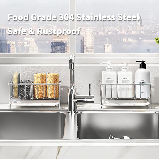 Kitchen Sink Sponge Holder, 304 Stainless Steel Soap Dispenser Caddy Organize, Kitchen Sink Brush Caddy Holder with Removable Drain Tray