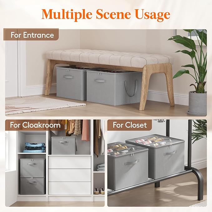 Lifewit Shoe Storage Organizer for Closet Fits 12-16 Pairs, Fabric Large Shoe Box Storage Containers with Clear Cover, Foldable Bins Fit for Boots Sneakers 17"(L) x 17"(W) x 12.5"(H) 3 Pack Light Gray