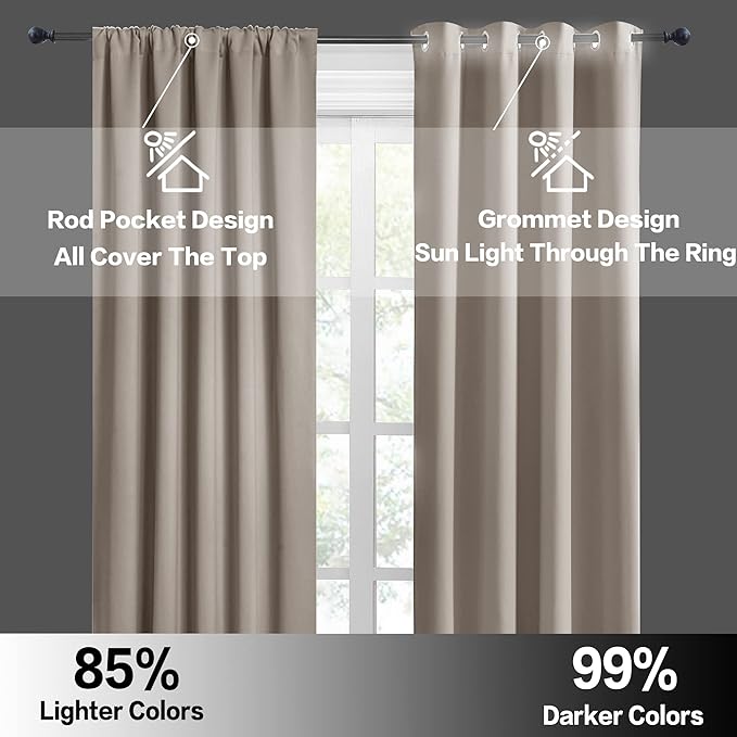 RYB HOME Blackout Curtains 63 inches Long - Energy Saving Insulation Large Window Curtain Blinds for Bedroom Living Room Dining Basement Home Office, W 62 x L 63 per Panel, Sand, 2 Pcs