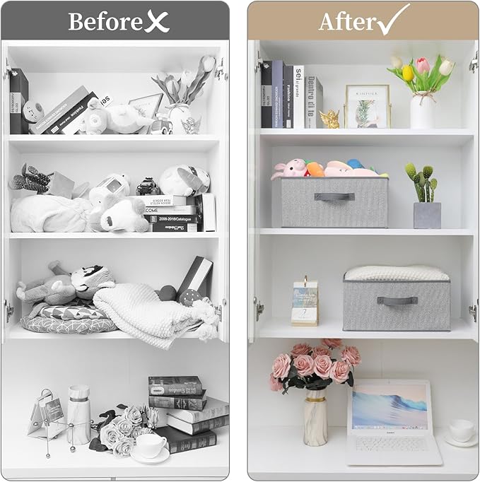 Storage Baskets, 15.7 Inch Woven Fabric Bins, Storage Cubes with Reinforced Handles, Organizer Bins for Closet Shelves, Foldable, for Toys, Clothes, Natural Beige (2PCS/Grey-15.7*11*7.8inch)