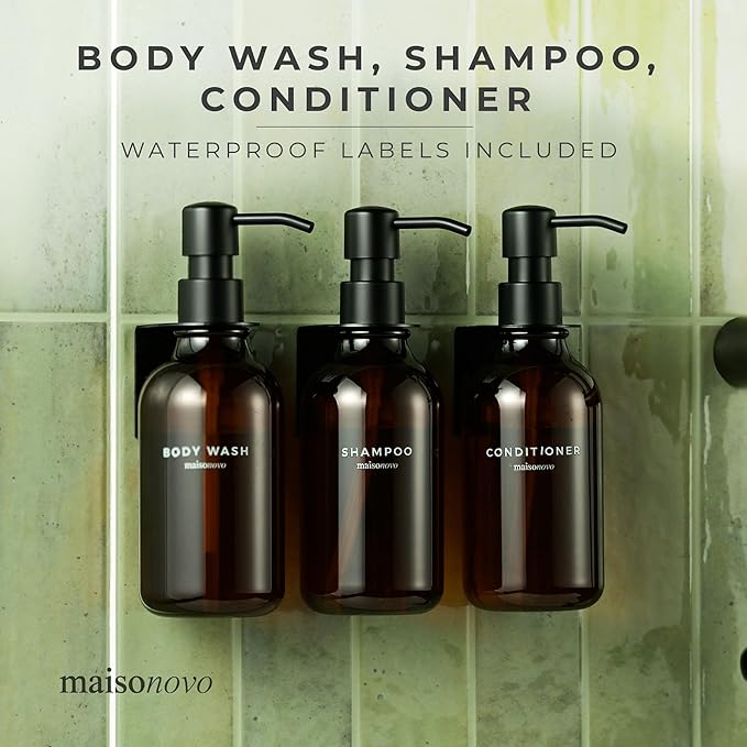 MaisoNovo Shampoo and Conditioner Dispenser - Shower Soap Dispenser Wall Mounted - 16.9 fl oz Set of 3 Amber Plastic Bottles Black Pump - 3 Chamber No Drill