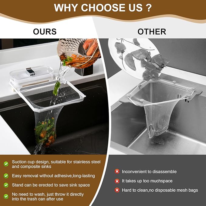 Kitchen Sink Drain Strainer Basket Holder - 50 Mesh Net Bags for Food Scraps, Kitchen Sink Food Catcher & Garbage Disposal Strainer (White)