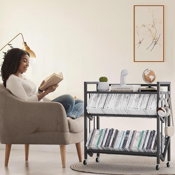 Book Carts 3 Tier 35.4x32x9.84 in Rolling Book Cart Large Capacity Bookshelf Storage Rack Mobile Book Storage with Wheels Cart for Home Office Living Room Classroom (3 Tier)