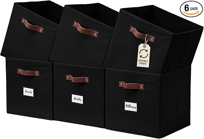 DECOMOMO Storage Cubes, 13x13x13 Storage Cube Bins with Labels, Fabric Organizer Bins (13" / 6pcs, Black)