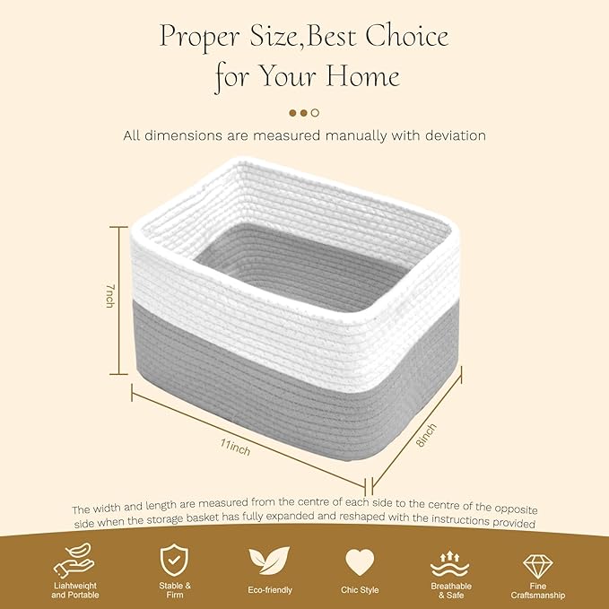 Hopegiver Woven Storage Baskets 11x8x7 Inch, 3 Pack Collapsible Cube Storage Bin for Shelves - Foldable Cotton Rope Organizer Bins for Towels, Toys, Books, Closet, Nursery (White Gray)
