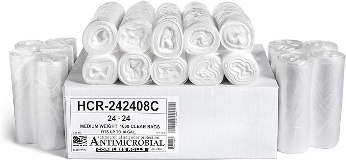 Aluf Plastics High Density Trash Bags, 10 Gallon, 1000 Count, 8 Micron (eq), 24" x 24", Clear, for Bathroom, Office, Industrial, Commercial, Janitorial, Municipal, Recycling