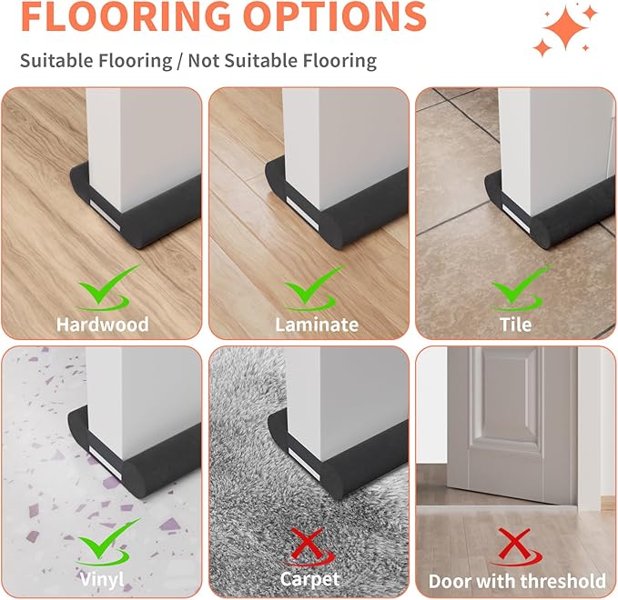 Door Draft Stopper for Bottom of Door, Under Door Gap Filler/Seal for Big Gap, No Folding Required, Flexible Installation Door Sweep soundproofing Strip for Home & Apartment, 32-36in, Black