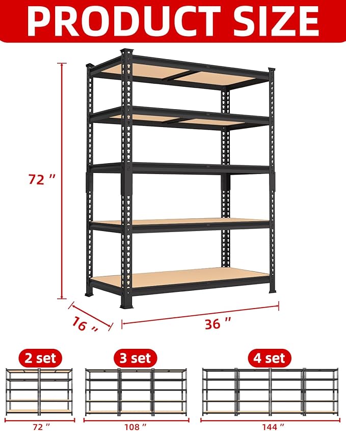 PrimeZone 36" x 16" x 72" Heavy Duty Storage Shelves - 5 Tier Adjustable Garage Storage Shelving, Metal Storage Utility Rack Shelf Unit for Warehouse Pantry Closet Kitchen, Black, 3 Pack
