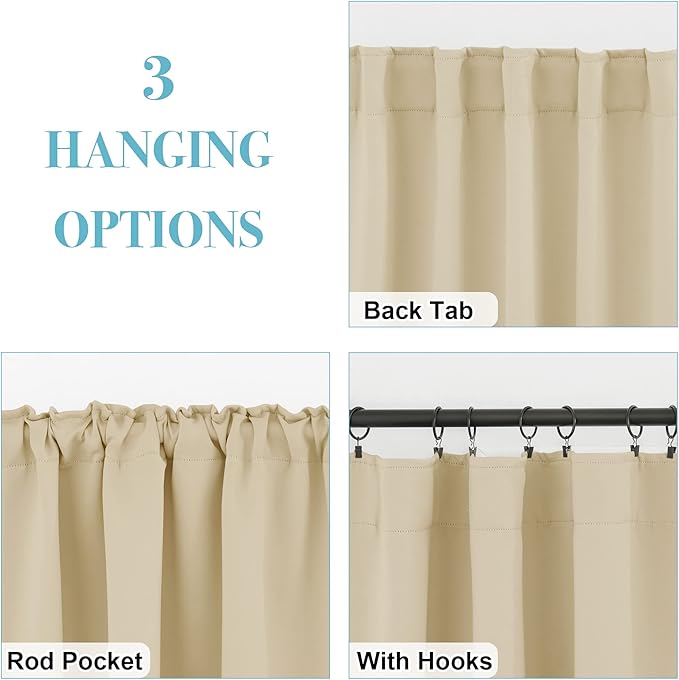 RYB HOME Short Blackout Curtains 36 inches, Solid Heavy Duty Small Window Treatment Room Darkening Privacy Draperies for Basement Bathroom Bedroom, Biscotti Beige, W42 x L36 inch, 2 Panels