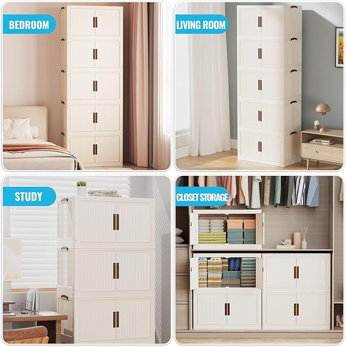 Stackable Storage Bins with Lid 44Gal/176QT Plastic Collapsible Storage Cabinet 4 Tiers Foldable clothes Organizers and Storage bins with Wheels and Doors for Home Office White