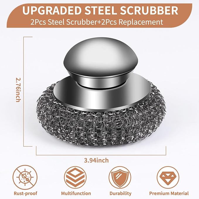 4pcs Steel Wool Scrubber with Replacement Wire Sponge Pads Set, Stainless Steel Scrubber with Handle for Scouring Stubborn Messes from Cast Iron, Pots, Pans, Grill, Stoves, Sink(2 Scrubber+2 Pads)
