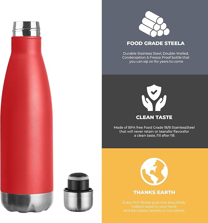MEWAY 17oz Sport Water Bottle 12 Pack Vacuum Insulated Stainless Steel Leak-Proof Double Wall Cola Shape Water Bottle,Keep Drinks Hot & Cold (Red,12 Pack)
