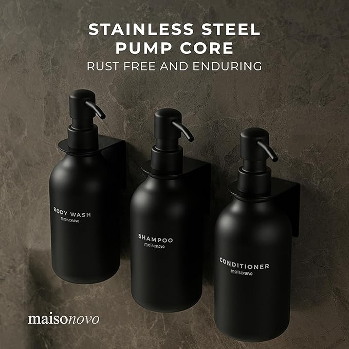 MaisoNovo Shampoo and Conditioner Dispenser - Shower Soap Dispenser Wall Mounted - 16.9 fl oz Set of 3 Black Plastic Bottles Black Pump - Shampoo Dispenser, Shower Dispenser