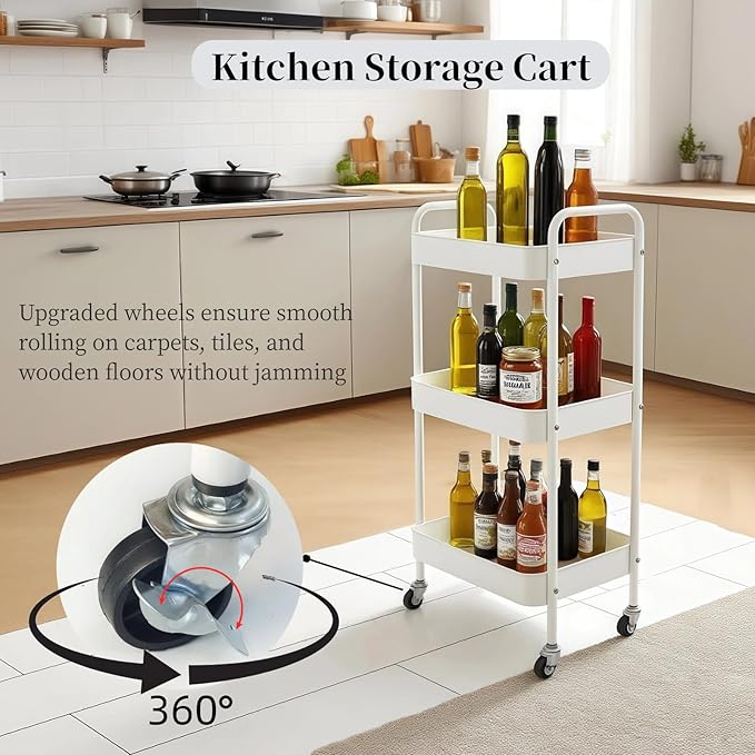 Metal 3 Tier Rolling Cart with Wheels for Kitchen Storage & Laundry Room Organization, Bedside Cart with Handle and 4 Hooks, Versatile Large Capacity Art & Craft Storage Organizer, White
