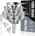 Stainless Steel Funnel, Walfos 3 Different Sizes of Kitchen funnels with 2 Removable Strainer ＆ 1Pcs Cleaning Brush, for Transferring of Liquid, Oils, Jam, Powder