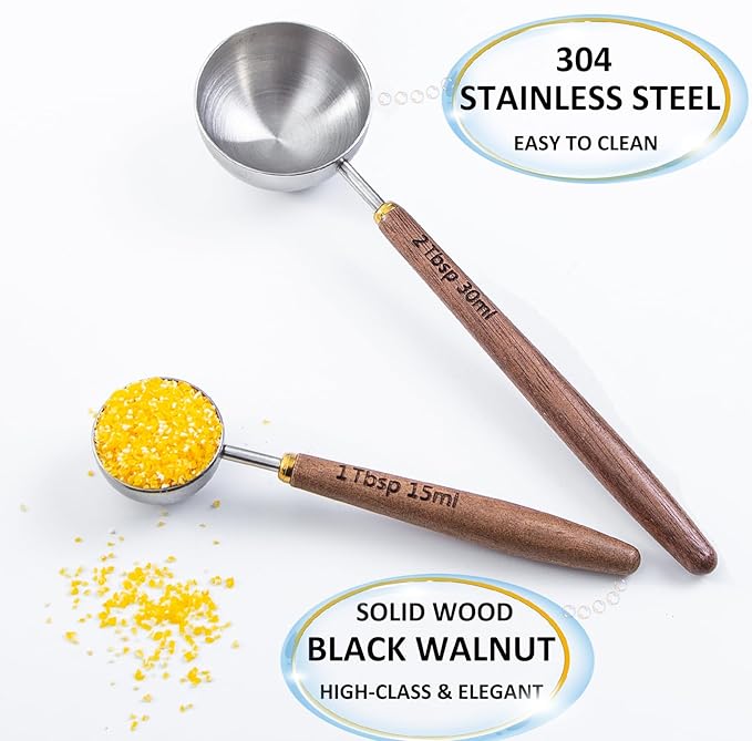 4PCS Wood Scoops for Jars Wooden Scoops for Canisters 2Tbsp + 1Tbsp Measuring Spoons for Coffee Bean Powder Coffee Scoop Measuring Scoop for Salt Sugar Multipurpose-Black Walnut+304 Stainless Steel