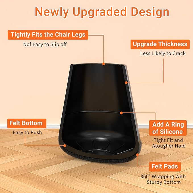 Chair Leg Floor Protectors Small 24Pcs,Silicone Chair Leg Protectors for Hardwood Floors/Tiles,360°Wrapped Felt Bottom to Prevent Scratch and Reduce Noise, Round Black
