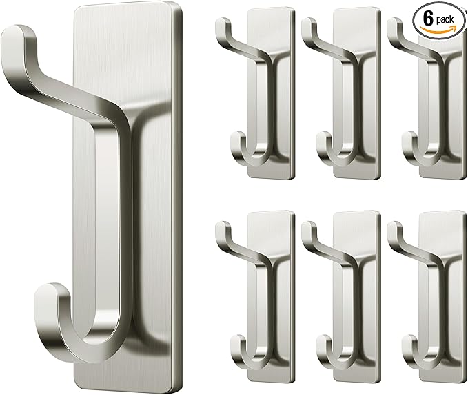 pickpiff Wall Hooks for Coat and Towel: 13LB Adhesive Door Hanger Stick on, Brushed Nickel 6 Pack