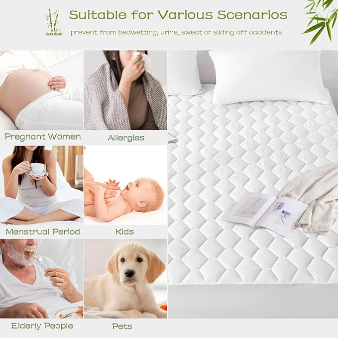 GRT Twin Mattress Protector Waterproof, Rayon from Bamboo, Cooling Quilted Fitted Mattress Pad, Noiseless Waterproof Mattress Cover, fits up to 18" Deep, Dust Proof White