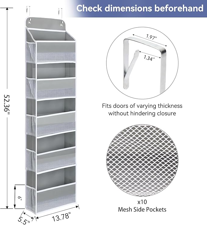 QINGUANG Over The Door Organizer,Hanging Organization And Storage, Behind Door Organizer with Side Pockets, 44 lbs Capacity,Anti Tilt, for Nursery, Bathroom, Bedroom,Dorm (5-Shelf)
