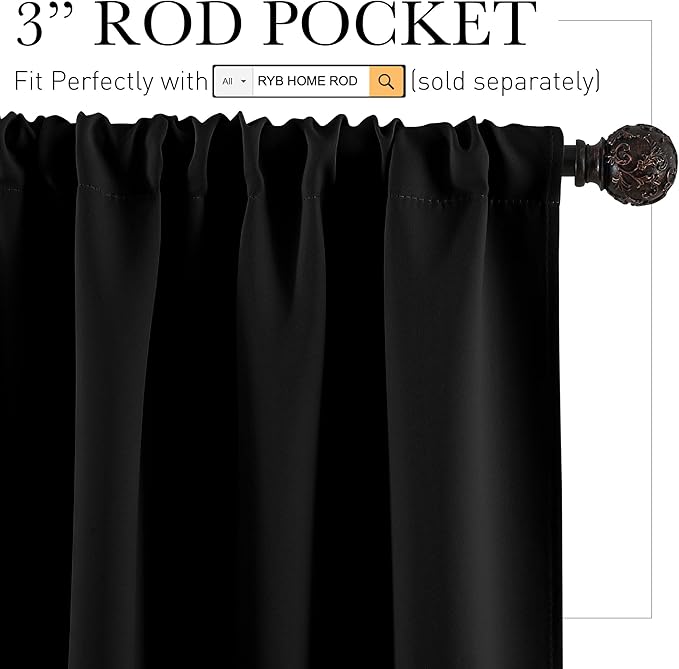 RYB HOME Short Curtains for Living Room Blackout Portable Blinds Shades for Bedroom Bathroom Basement Garage RV Camper Windows, 34 inches Width x 36 inches Length, Black, 2 Pcs