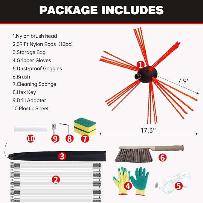 39 Feet Chimney Sweep Kit, Chrome Button Locking System, Chimney Cleaning Kit, Chimney Brush, Chimney Cleaning Tool, Chimney Cleaning System with 12 Flexible Chimney Rods