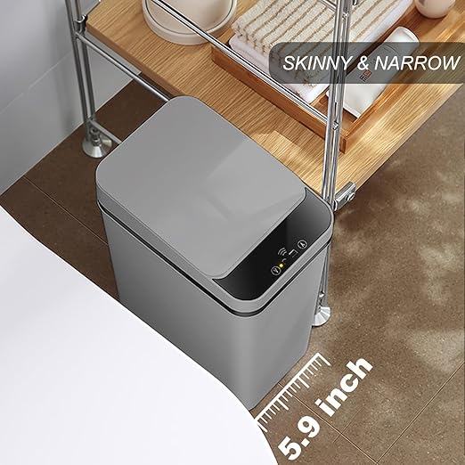 Yatmung 2 Pack - 2.5 Gallon Motion Sensor Bathroom Trash Can - Slim Smart Trash Cans - Skinny Trash Bin with Lid - Electric, Narrow, Plastic, Auto Open - Small Automatic Garbage Can (Grey)