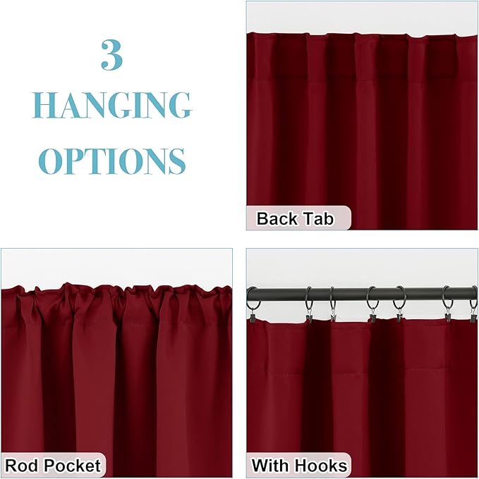 RYB HOME Living Room Curtains 63 inch Length, Blackout Energy Efficient Window Covering Heavy Duty Vertical Privacy Drapes for Nursery Girls Room Classroom W42 x L63 inch, Burgundy Red, 2 Panels