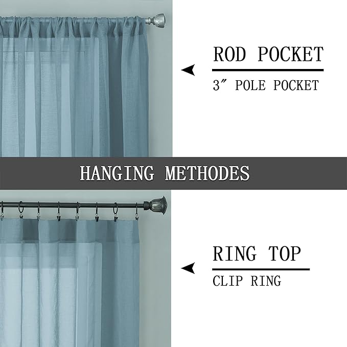Tollpiz Sheer Curtains Linen Textured Bedroom Curtain Sheers Light Filtering Rod Pocket Voile Curtains for Living Room, 54 x 63 inches Long, Dusty Blue, Set of 2 Panels