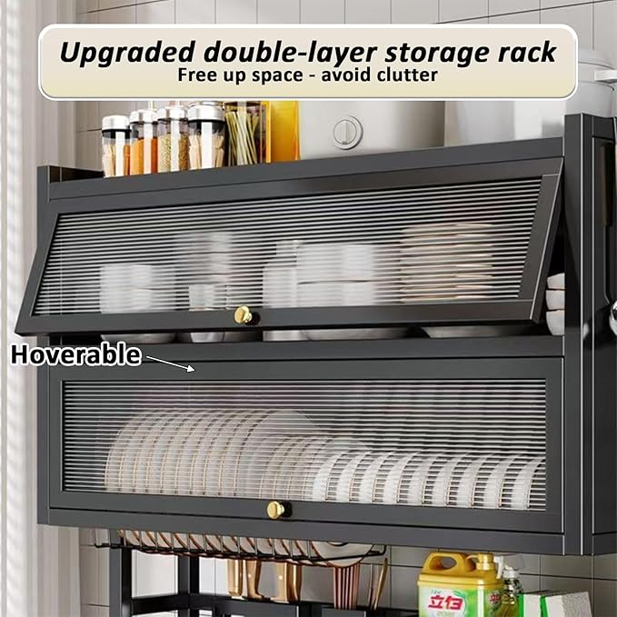 Dish Drying Rack 4 Tiers with Cover, Keep Kitchen Sink Shlef Organized Space-Saving Dish Drying Rack, for Dishes, Glasses, Bowls, Cutlery (black, W-29.5)