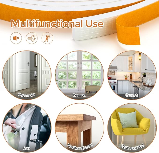 26 Feet Weather Stripping Door Seal, 1/2" Wide X 1/4" Thick Door Seal Strip High Density Foam Tape Adhesive Strip for Door Soundproofing,Window Insulation (1/2" x 1/4" x 26FT,White)