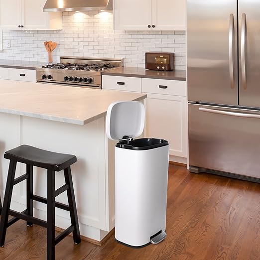 AthLike Trash Can, Stainless Steel Kitchen Garbage Can, Step Waste Bin with Hinged Lid and Removable Inner Bucket, Soft-Close, Dustbin for Bathroom Bedroom Living Room Home (White, 13.2 Gal)