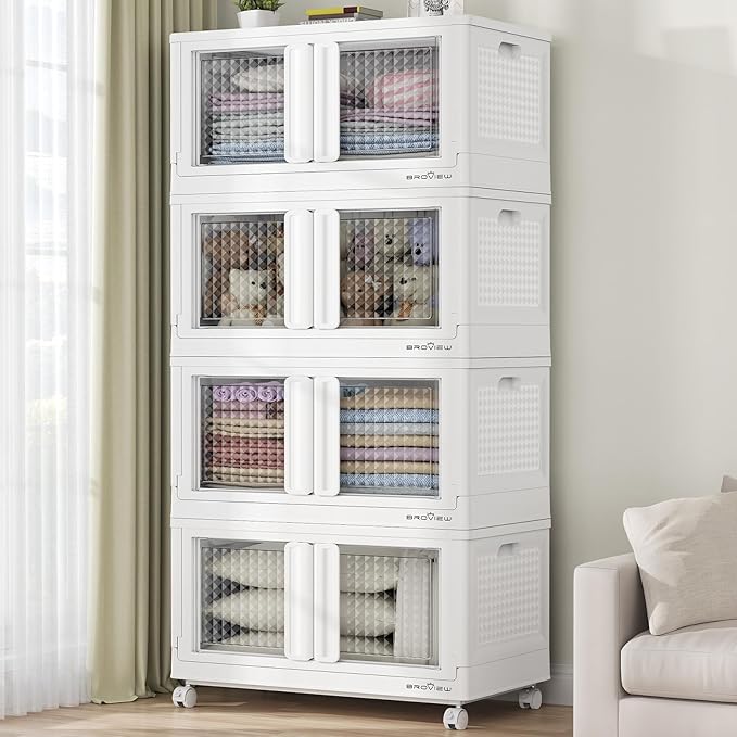 BROVIEW 400 Qt Stackable Storage Bins with Lids & Doors, 4 Pack Plastic Closet Organizer and Storage Drawers with Wheels, Large Collapsible Storage Boxes, Cabinet for Home, Office, V10, White