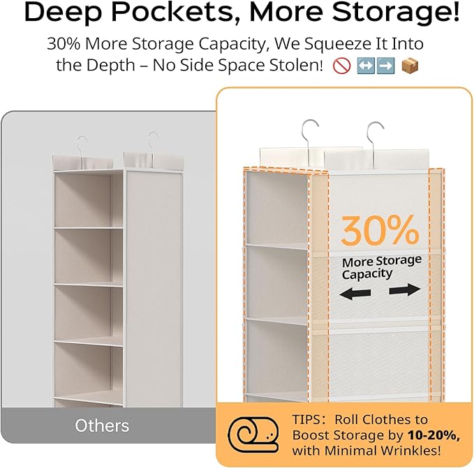 Extra Deep Hanging Closet Organizer with Shelves and Oversized Mesh Pockets, Heavy-Duty Structure, No Deformation, Max Storage for Clothes, Shoes, Hats, Dorms and RVs,1-Pack (White, 6 Tier)