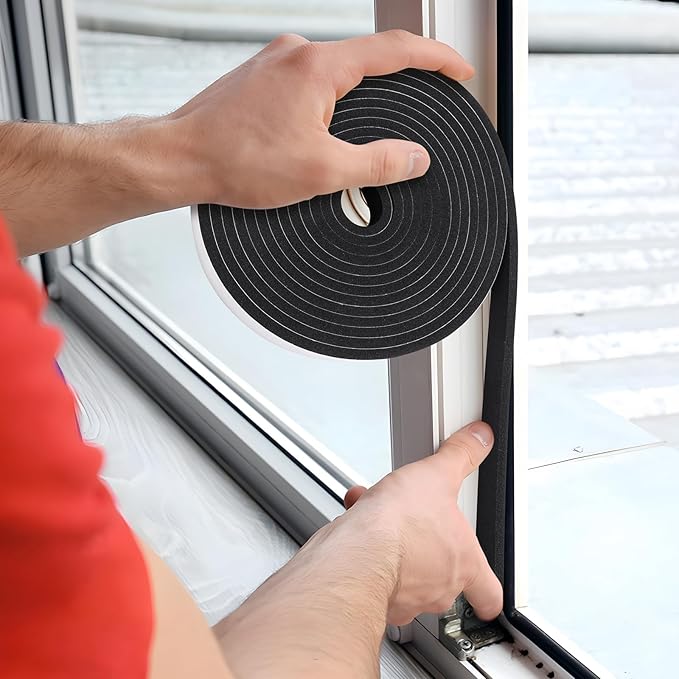 Weather Stripping Door Seal Strip- 1/2 Inch X 1/4 Inch X 16Feet, Strong Adhesive, Lightproof, Soundproof, Weatherproof Foam Tape Insulation for Sliding Door, Front Door Frame, Windows- Black