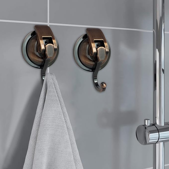 Heavy Duty Vacuum Suction Shower Hooks - Glass Suction Cup Hooks, for Bathroom Robe or Garland Decoration (Antique Brass, 6 Pack)